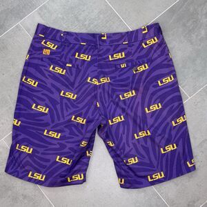 Loudmouth Golf LSU Tiger Stripe Shorts Men 36 Purple Gold Stretch GUC